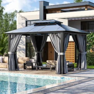 12 Ft. W x 10 Ft. D Outdoor Gazebo with Double Roof Canopy, Permanent Pavilion with Netting and Curtains for Lawn, Garden, Patio