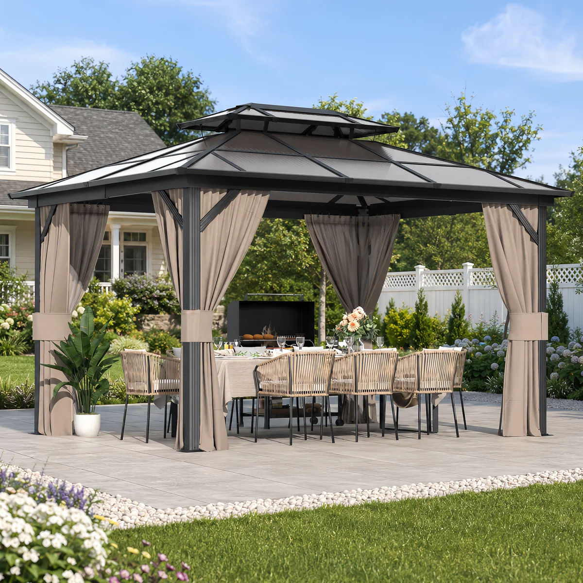 13 Ft. W x 10 Ft. D Hardtop Gazebo with Polycarbonate Double Roof, Aluminum Frame & Curtains for Garden, Lawns, Patio - Image 3