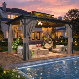 13 Ft. W x 10 Ft. D Hardtop Gazebo with Polycarbonate Double Roof, Aluminum Frame & Curtains for Garden, Lawns, Patio
