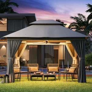 Jolydale Outdoor Soft Top Gazebo with Double Roof, Canopy Gazebo with Mosquito Netting and Curtains, Suitable for Patios, Lawn and Backyard