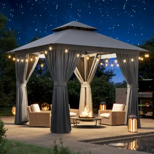 Outdoor Gazebo With Double Roof, Patio Canopy With Mosquito Netting And Curtains, Suitable For Patios, Lawn And Backyard